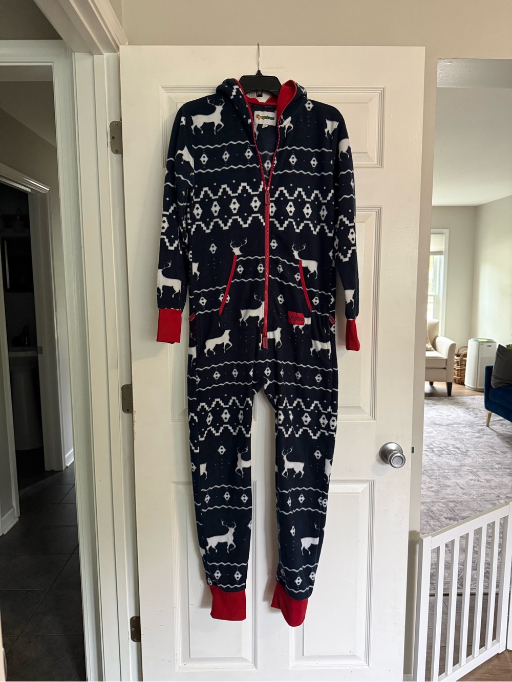 Women’s Tipsy Elves Navy One-Piece Footie Pajamas with White Reindeer /Red Trim